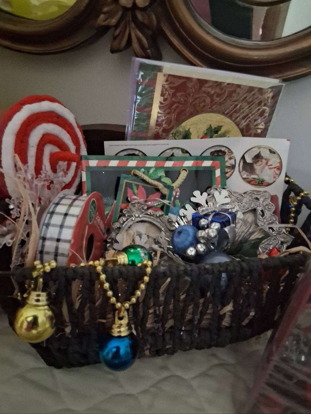 Holiday Decorative Basket with Assorted Christmas Accents